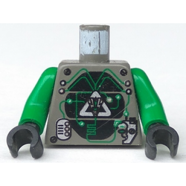 dark gray torso space insectoids silver logo on black panels 2 silver panels pattern green arms black hands