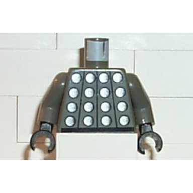 dark gray torso studded armor with silver circles black belt white number 1 on back pattern dark gray arms black hands