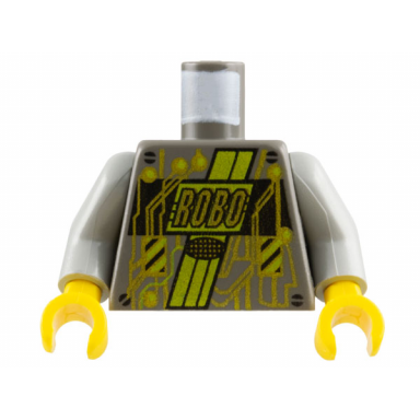 dark gray torso space roboforce with gold circuitry and robo neon green stripes black screws pattern light gray arms yellow hands