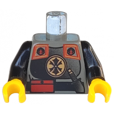 dark gray torso adventurers orient chinese guard armor with shoulder pads and gold medallion black belt with red pouch knife handle pattern black arms yellow hands