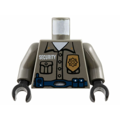 dark gray torso security guard gold badge dark blue belt with radio pattern dark gray arms black hands