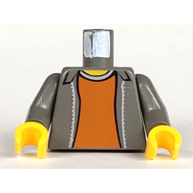 dark gray torso jacket open over dark orange shirt with light gray collar yellow neck pattern dark gray arms yellow hands