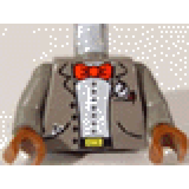dark gray torso jacket open with buttons and pockets over white shirt black belt with yellow buckle red bow tie handkerchief magnifying glass pen pattern dark gray arms brown hands