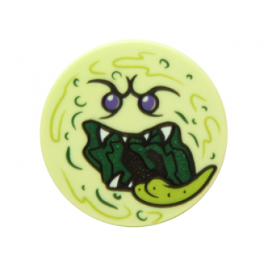 yellowish green tile round 2 x 2 with bottom stud holder with ghost face with dark purple eyes dark green open mouth white sharp teeth and lime tongue pattern