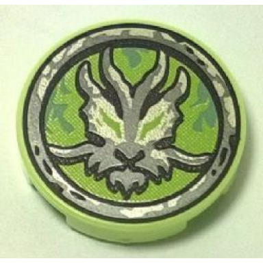 yellowish green tile round 2 x 2 with bottom stud holder with airjitzu ghost symbol pattern