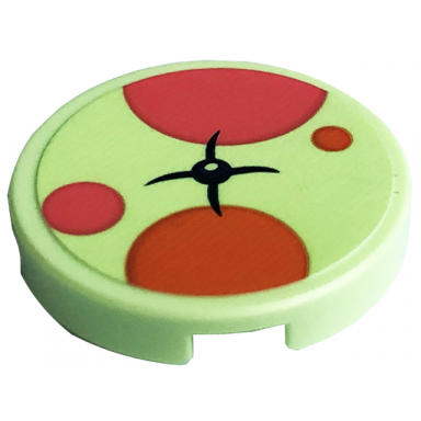yellowish green tile round 2 x 2 with bottom stud holder with cushion with black button coral and orange dots pattern sticker - set 41754