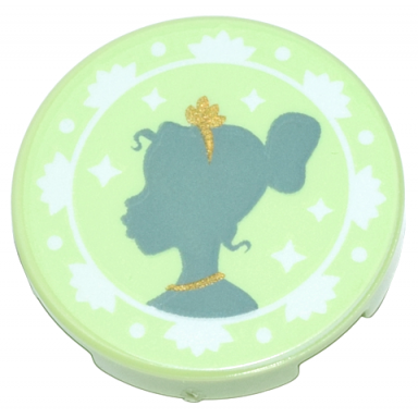 yellowish green tile round 2 x 2 with bottom stud holder with sand green tiana silhouette gold tiara and necklace and white flowers pattern