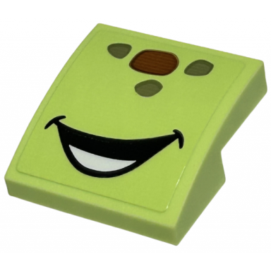 yellowish green slope curved 2 x 2 x 2 3 with reddish brown and olive green spots open mouth smile with bottom teeth pattern squirt face sticker - set 43226