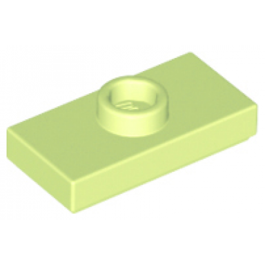 yellowish green plate modified 1 x 2 with 1 stud with groove and bottom stud holder jumper