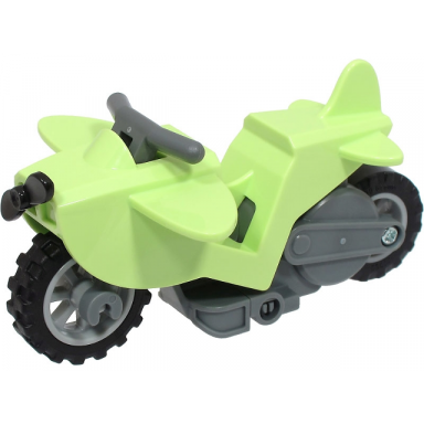 yellowish green stuntz flywheel motorcycle airplane bike with dark bluish gray frame light bluish gray wheels dark bluish gray handlebars and black propeller