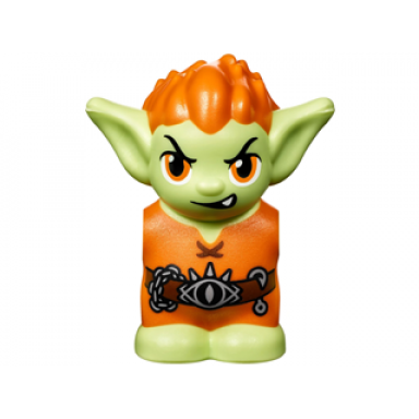 yellowish green body head goblin with pointed ears and orange spiked hair and tunic with utility belt with goblin eye buckle chain and hook pattern