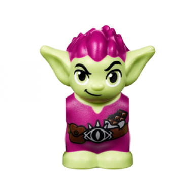 yellowish green body head goblin with pointed ears and magenta spiked hair and tunic with utility belt with goblin eye buckle pouch and candy bar pattern