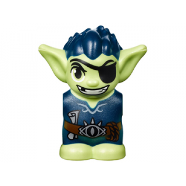 yellowish green body head goblin with pointed ears eye patch and dark blue spiked hair and tunic with utility belt with goblin eye buckle scroll and rope pattern