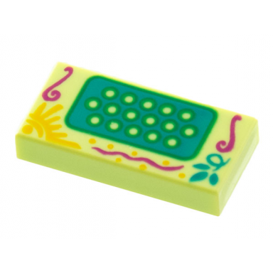yellowish green tile 1 x 2 with accordion keys on dark turquoise panel magenta filigree sun leaves pattern