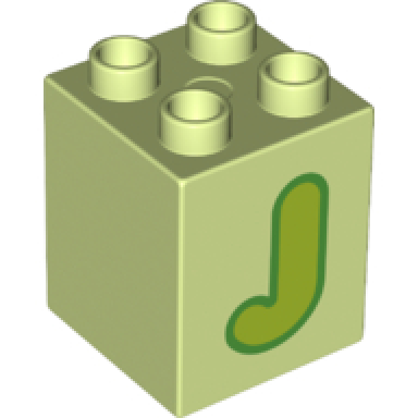 yellowish green duplo brick 2 x 2 x 2 with lime capital letter j with green outline pattern