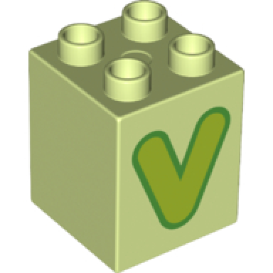yellowish green duplo brick 2 x 2 x 2 with lime capital letter v with green outline pattern