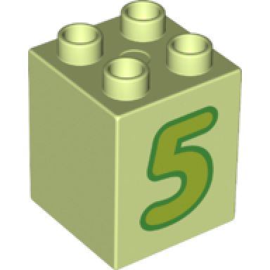 yellowish green duplo brick 2 x 2 x 2 with lime number 5 with green outline pattern