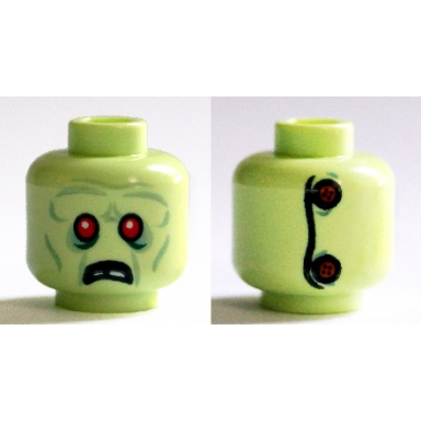 yellowish green minifigure head alien zombie red eyes frowning broken teeth stitching and 2 buttons on back pattern
