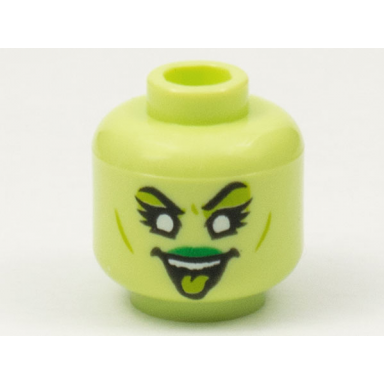 yellowish green minifigure head alien female banshee with green lips white eyes and lime tongue and eye shadow pattern