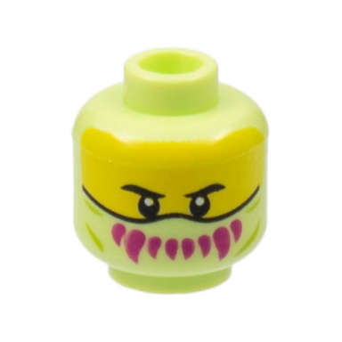 yellowish green minifigure head balaclava yellow face with black eyebrows magenta sharp teeth pattern