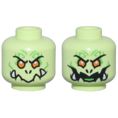 yellowish green minifigure head dual sided alien with orange eyes nostrils bright green markings white bottom fangs angry evil open mouth smile with tongue pattern
