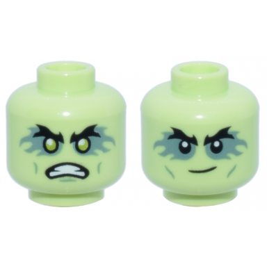yellowish green minifigure head dual sided alien with black bushy eyebrows sand green eye flames and small cheek lines angry bared teeth chin dimple and lime eyes smirk pattern