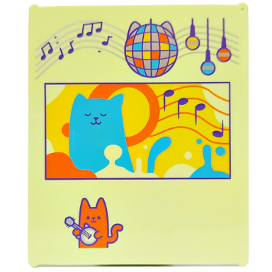 yellowish green glass for window 1 x 6 x 6 flat front with dark purple music notes medium azure orange silver and yellow disco ball lights and cats pattern
