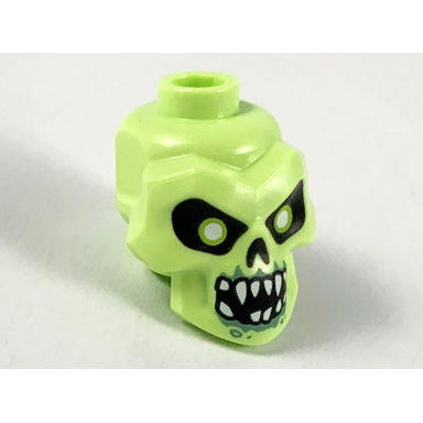 yellowish green minifigure head modified skull with black eyes nose mouth white pupils teeth and sand green around mouth pattern