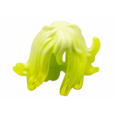 yellowish green minifigure hair female mid-length wavy with side spikes elongated hole in back and marbled trans-neon green pattern