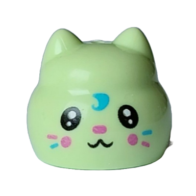 yellowish green brick round with indented top and cat ears with black and white eyes dark pink nose and cheeks medium azure hair curl and whiskers pattern gabbys dollhouse baby cupcake head