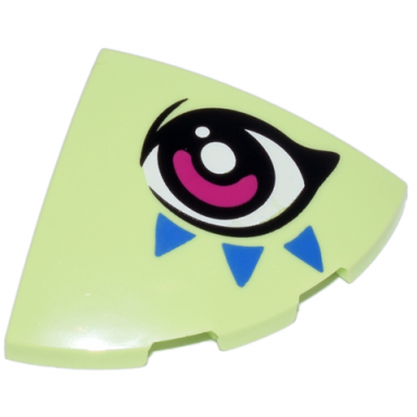yellowish green slope curved 3 x 3 corner round with magenta black and white eye and blue triangles pattern model left side