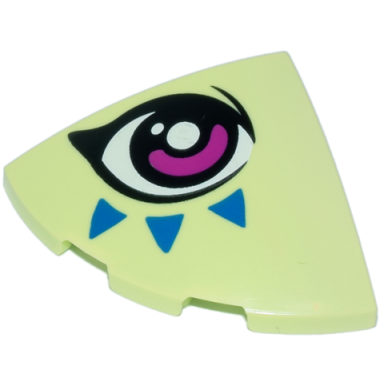 yellowish green slope curved 3 x 3 corner round with magenta black and white eye and blue triangles pattern model right side