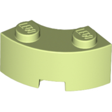 yellowish green brick round corner 2 x 2 macaroni with stud notch and reinforced underside