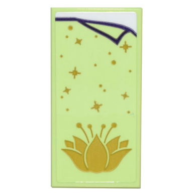 yellowish green tile 2 x 4 with yellowish green blanket with gold lotus flower and stars pattern sticker - set 43205