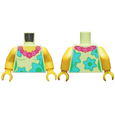yellowish green torso female dark pink and magenta lei medium azure and bright green flowers pattern yellow arms yellow hands
