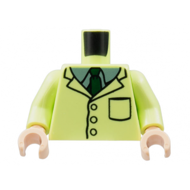yellowish green torso lab coat sand green collar dark green tie pattern yellowish green arms light nougat hands