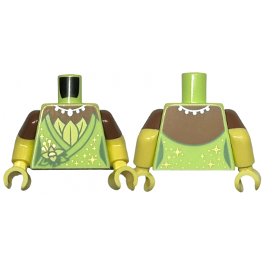 yellowish green torso female dress with flower gold sparkles and dots metallic light blue necklace medium brown neck pattern bright light yellow arms with molded medium brown sleeves pattern bright light yellow hands