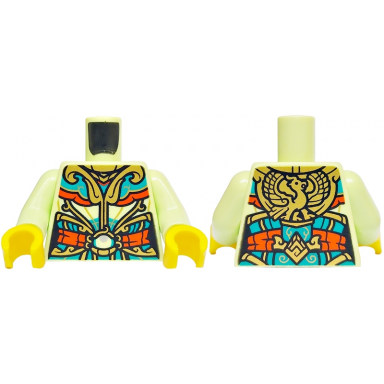 yellowish green torso dark turquoise dress reddish orange belt with gold buckle dragon and monkie kid color stone on back pattern yellowish green arms yellow hands