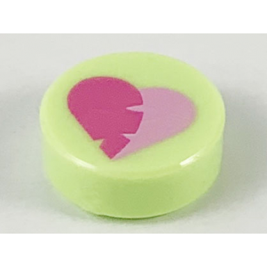 yellowish green tile round 1 x 1 with dark pink and bright pink heart pattern