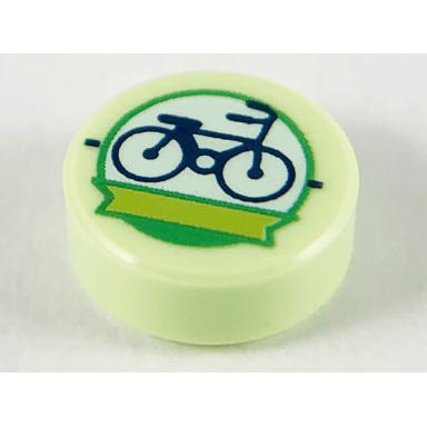 yellowish green tile round 1 x 1 with dark blue bicycle and lime ribbon in white circle with bright green outline pattern