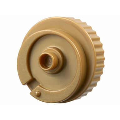 flat dark gold duplo counterweight 3 x 3 x 2 round with notched rim off-center swirl and stud