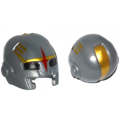 flat silver minifigure headgear helmet space with mouth slit and with black eye holes red star and gold markings pattern