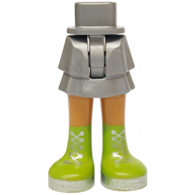 flat silver mini doll hips and skirt layered with molded medium nougat legs and printed lime boots silver laces and soles pattern - thin hinge