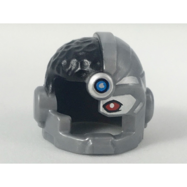 flat silver minifigure headgear helmet cyborg side open with black top side red eye and dark azure dot pattern