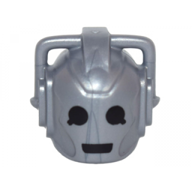 flat silver minifigure head modified robot with 2 handles with black eyes and mouth pattern cyberman