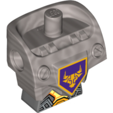 flat silver torso modified oversized with armor with pin holes with orange and gold circuitry 2 and orange bull head on dark purple pentagonal shield pattern
