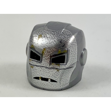 flat silver minifigure headgear helmet armor plates and ear protectors with silver face dark tan rust spots black eye and mouth holes pattern