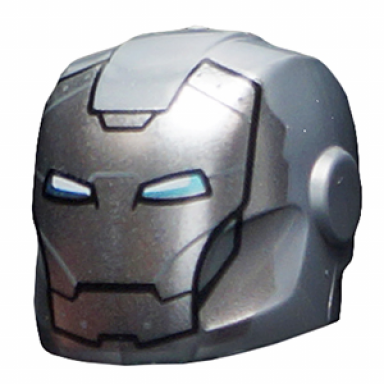flat silver minifigure headgear helmet armor plates and ear protectors with silver faceplate white and blue eyes pattern