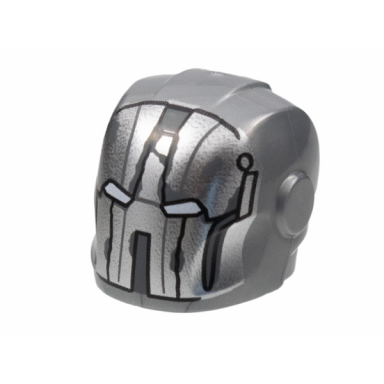 flat silver minifigure headgear helmet armor plates and ear protectors with silver faceplate white eye slits weathering cracks pattern