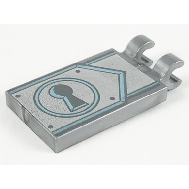 flat silver tile modified 2 x 3 with 2 clips with dark bluish gray keyhole on metallic light blue and silver clasp pattern